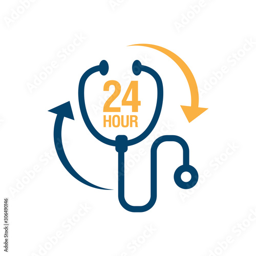 24 hours doctor service logo iconvector.  sign of 24/7 day and night healthcare medical services button symbol.