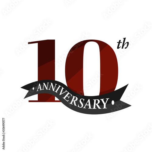 10th anniversary vector logo illustration. 10 years anniversary celebration logotype with number and ribbon. ten years celebration event sign symbol on white background.