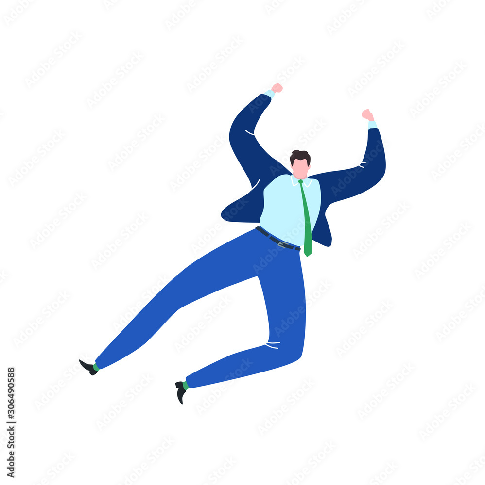 Vector isolated man character jumping, flying businessmen, victory pose people.