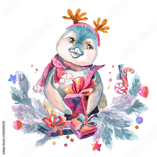 Christmas penguin with deer horns and a scarf on a white background. Watercolor illustration isolated on white background. Sketch of a penguin for cards, invitations, wrapping paper, fabric, print