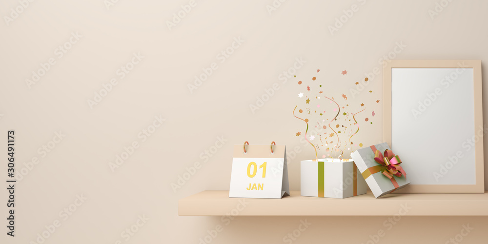 Happy New Year design creative concept, January 1st calendar empty frame, rack or shelf, gift box, confetti on pastel background. Copy space text area, flat lay. 3D rendering illustration. Happy New Year design creative concept, January 1st calendar empty frame, rack or shelf, gift box, confetti on pastel background. Copy space text area, flat lay. 3D rendering illustration.