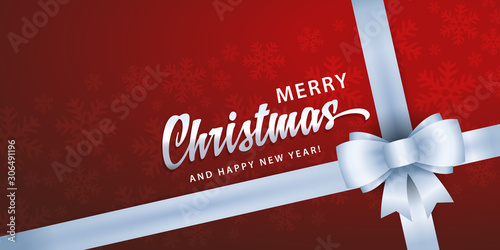 Merry Christmas and Happy New Year greeting card background template with red gift box and white ribbon and bow	