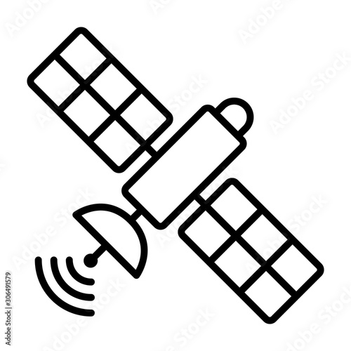 Satellite with radio antenna sending signals line art vector icon for apps and websites 