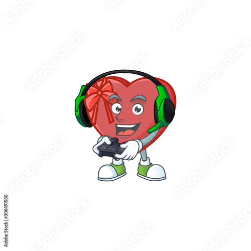 Gamer love gift box cartoon character with headphone and controller