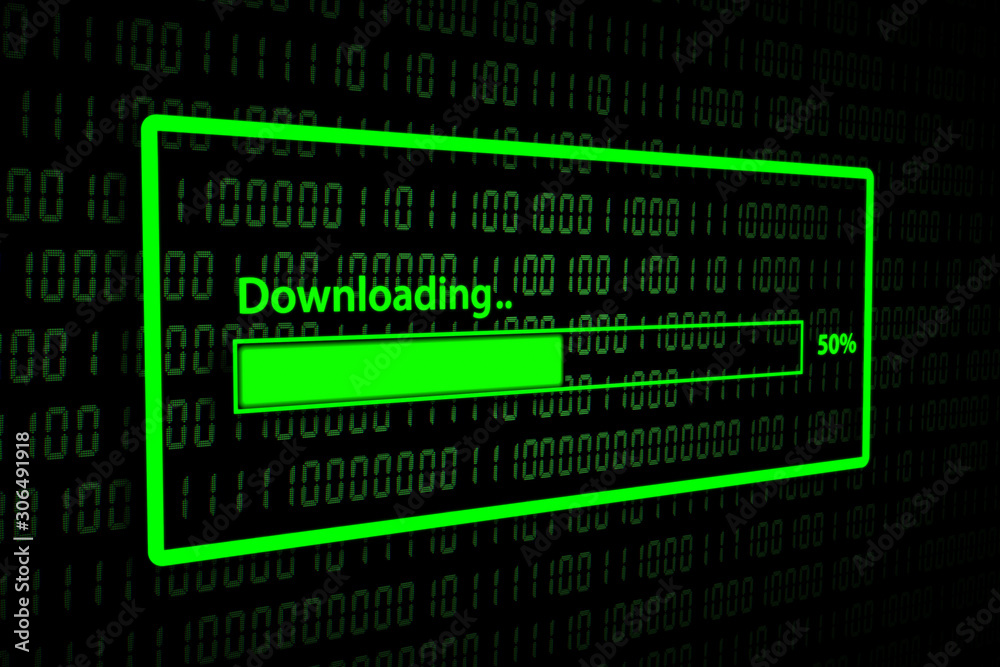 Fototapeta premium Download With Progress Bar, Closeup Process of Downloading File in Internet on Abstract Binary Code Background. 
