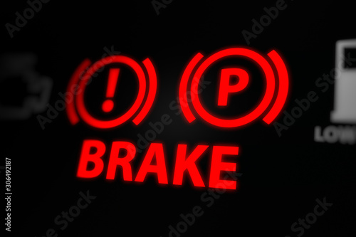 Brake Warning Light on Car Dashboard.  