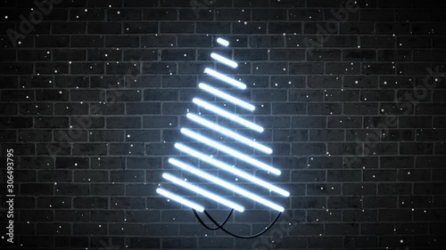 Neon christmas tree with falling snow font of brick wall with Blue light neon
