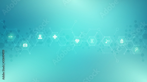 Abstract medical background with flat icons and symbols. Template design with concept and idea for healthcare technology, innovation medicine, health, science and research.