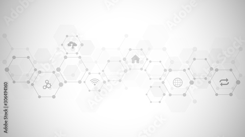 Technology background with flat icons and symbols. Concept and idea for internet of things, communication, network, innovation technology, system integration. Vector illustration.