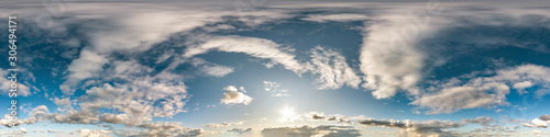 blue sky with beautiful cumulus clouds. Seamless hdri panorama 360 degrees angle view with zenith for use in 3d graphics or game development as sky dome or edit drone shot