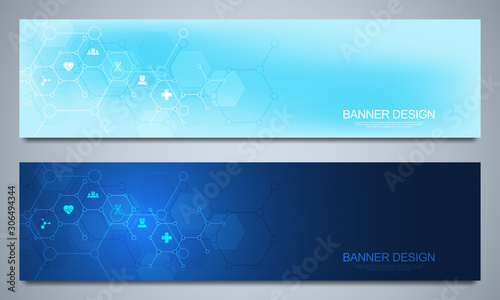 Banners design template for healthcare and medical decoration with flat icons and symbols. Science, medicine and innovation technology concept.