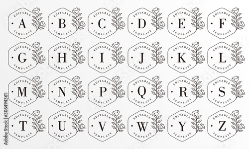 feminine floral badge letter logo template set vector