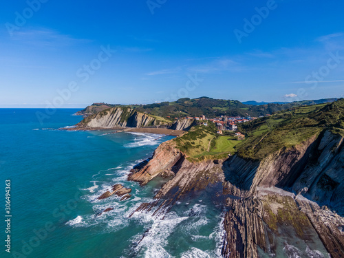 Aerial view of rock formations at Zumaia or Itzurun beach in Spain