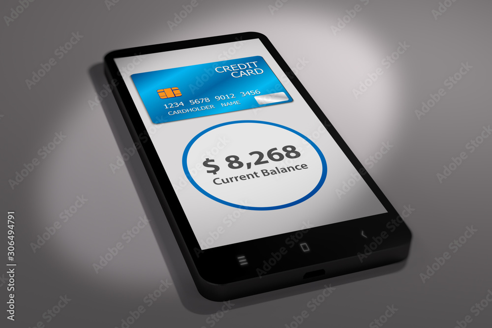 Credit Card with Current Balance on 3D smartphone. Credit Card with Current Balance on 3D smartphone.