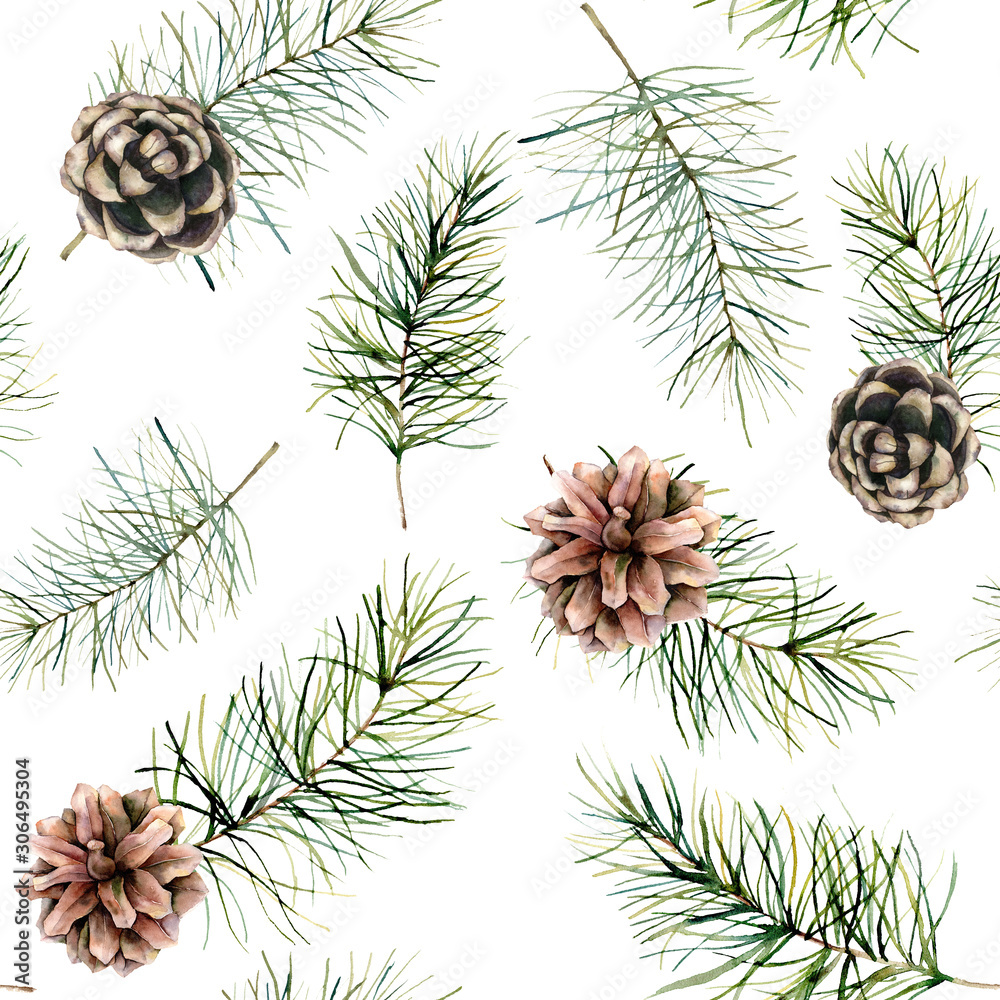 Watercolor Christmas seamless pattern with fir branches and cones. Hand painted winter holiday plants isolated on white background. Floral illustration for design, print, fabric or background.