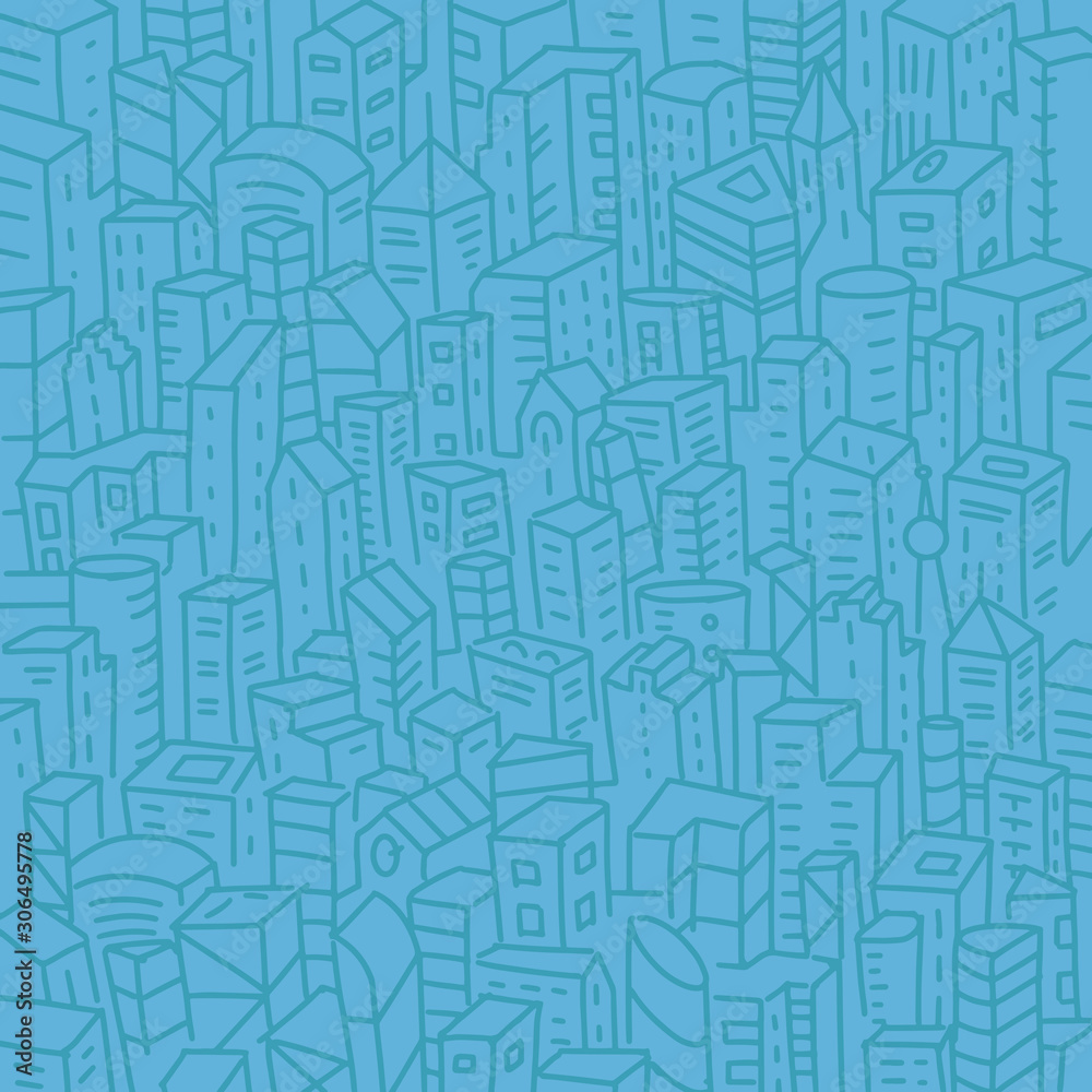 City buildings background simple sketch. Architecture town landscape. Big city view pattern. Hand drawn felt-tip pen line. Blue colour.