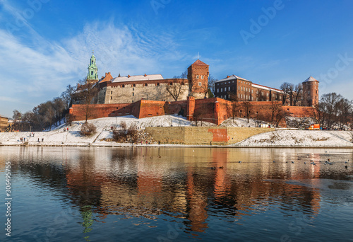 Wawel Royal castle in Krakow on the banks of the Vistula river in winter  Poland