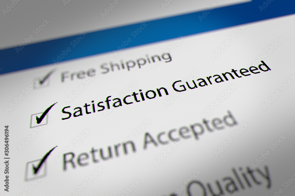 Online Shopping Advertisement/Promotion. Checking Satisfaction Guaranteed Option on Monitor Screen Online Shopping Advertisement/Promotion. Checking Satisfaction Guaranteed Option on Monitor Screen