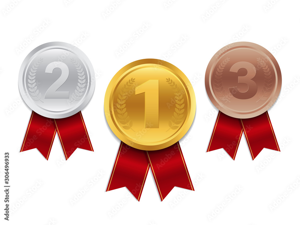 Gold, silver, bronze medals. 3d award medal for 1st, 2nd, 3nd place. Blank insignia of medal with red, white, blue ribbon for victory of winner. Champion reward. Design honor medal isolated. Gold, silver, bronze medals. 3d award medal for 1st, 2nd, 3nd place. Blank insignia of medal with red, white, blue ribbon for victory of winner. Champion reward. Design honor medal isolated.