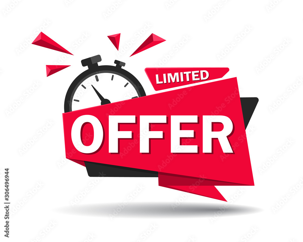 Red limited offer with clock for promotion, banner, price. Label