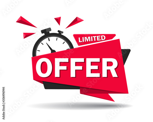 Red limited offer with clock for promotion, banner, price. Label countdown of time for offer sale or exclusive deal.Alarm clock with limited offer of chance on isolated background. vector