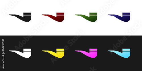 Set Smoking pipe with smoke icon isolated on black and white background. Tobacco pipe. Vector Illustration