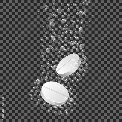 Effervescent dissolving tablet pills in fizzy water. Tablet of antibiotic, aspirin or vitamin soluble. Medicine drug with bubbles effect. Effervescent pharmacy pill on isolated background. vector
