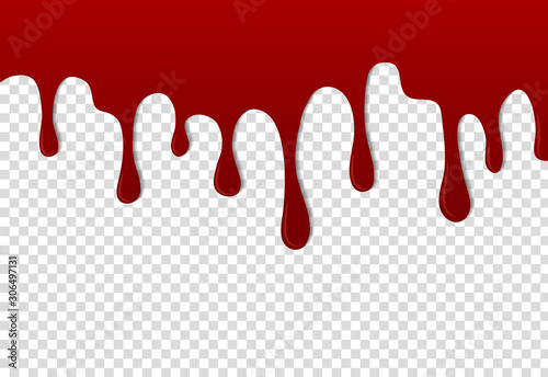 Realistic driping blood. Dripping liquid texture. Drops and splashes of red jam. Splatter paint . Dripping inks. Flows stains on wall. Current droplet for graphic game. Current oil. vector