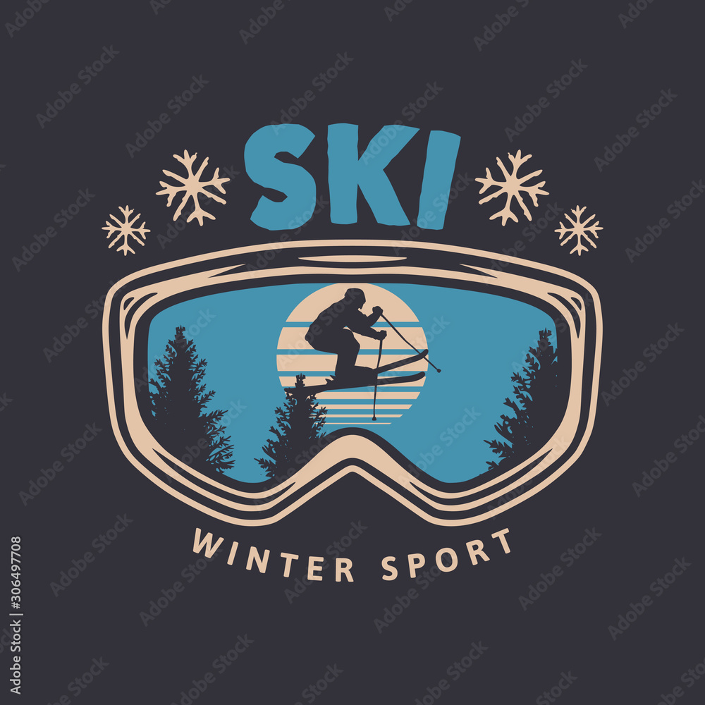 Plakat Ski winter sport vintage typography t shirt design with glasses and skier silhouette