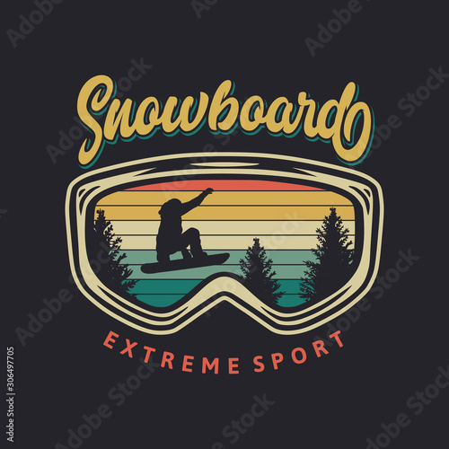 Photo Snowboard extreme sport vintage typography t shirt design with glasses and snowb