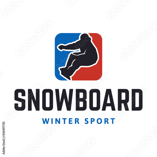 snowboard winter sport logo template with snowboarder silhouette