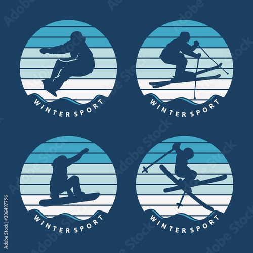 Ski and snowboard winter sport logo template pack with skier and snowboarder jump silhouette