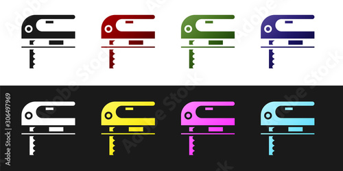 Set Electric jigsaw with steel sharp blade icon isolated on black and white background. Power tool for woodwork. Vector Illustration