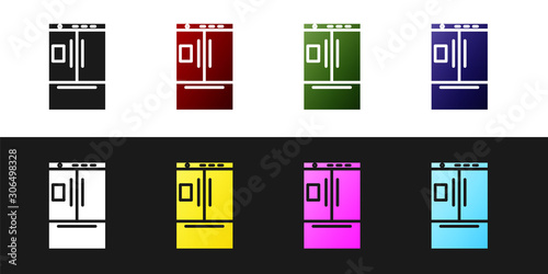 Set Refrigerator icon isolated on black and white background. Fridge freezer refrigerator. Household tech and appliances. Vector Illustration