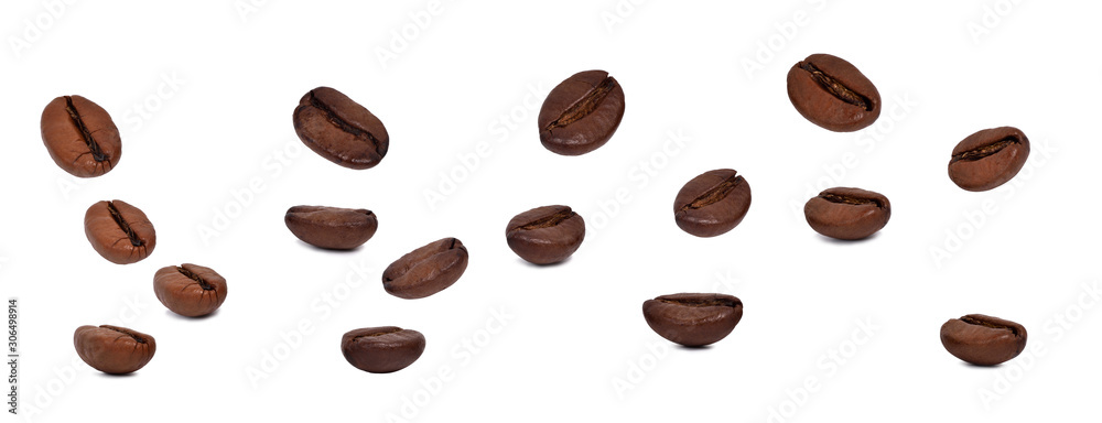 set of roasted coffee beans isolated on white.Entire image in sharpness. set of roasted coffee beans isolated on white.Entire image in sharpness.