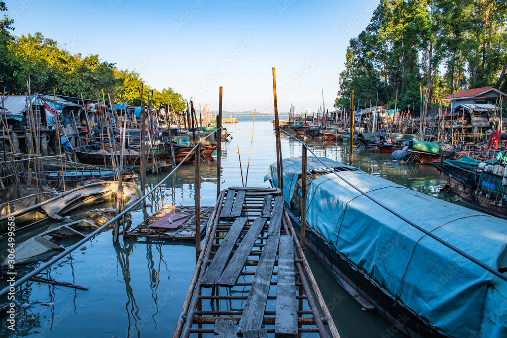 Fishing boats moored at the fishing port of Puzhou, Nansha District, Guangzhou City, Guangdong Province, China