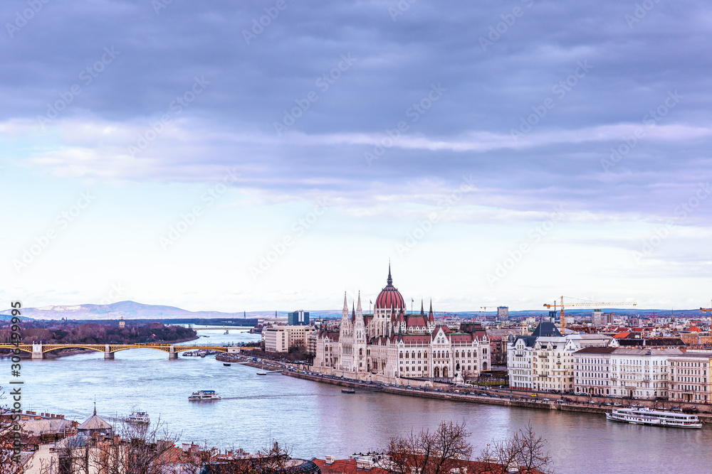 Landscape view of Budapest city with the Hungarian parliament building at Danube river