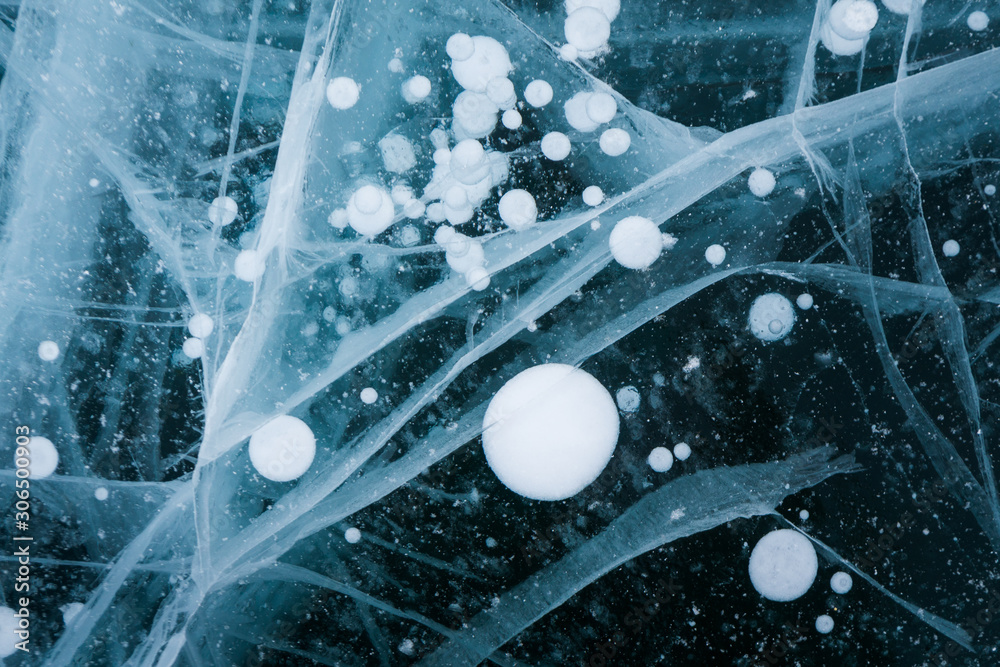 Ice bubbles and lines on the ice of Baikal