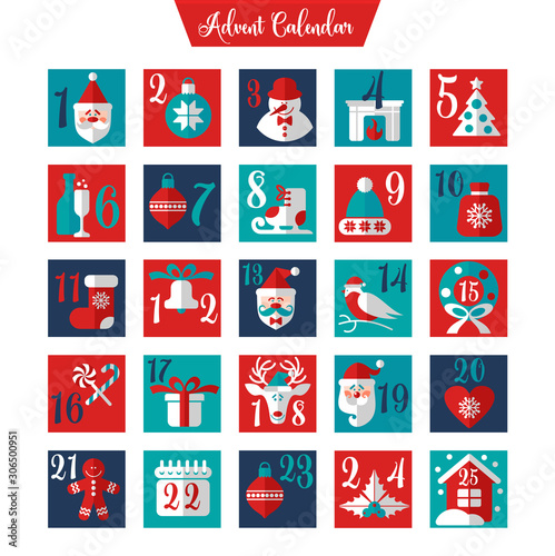 Christmas Advent Calendar or Poster. Winter Holidays Design Elements. Countdown Calendar.