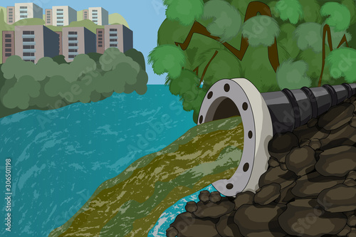 Wastewater. Drainage pipe with dirty waste in the city. Dirty water stems from the pipe polluting the river discharge of liquid chemical waste. Dirty environment danger concept. Ecology.Stock vector. 