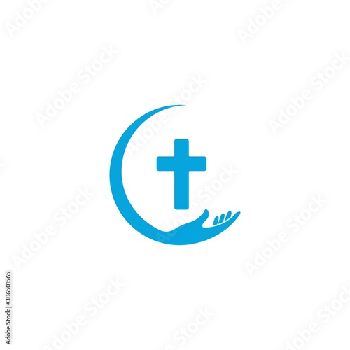 Hands holding Cross, icons or symbols. Religion, Church vector logo illustration