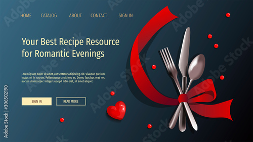 Web page design with fork, spoon, knife and ribbon. Valentine's Day, Romance, 14 February, Dinner, Eating concept. Vector illustration for banner, poster, menu, flyer, advertising.