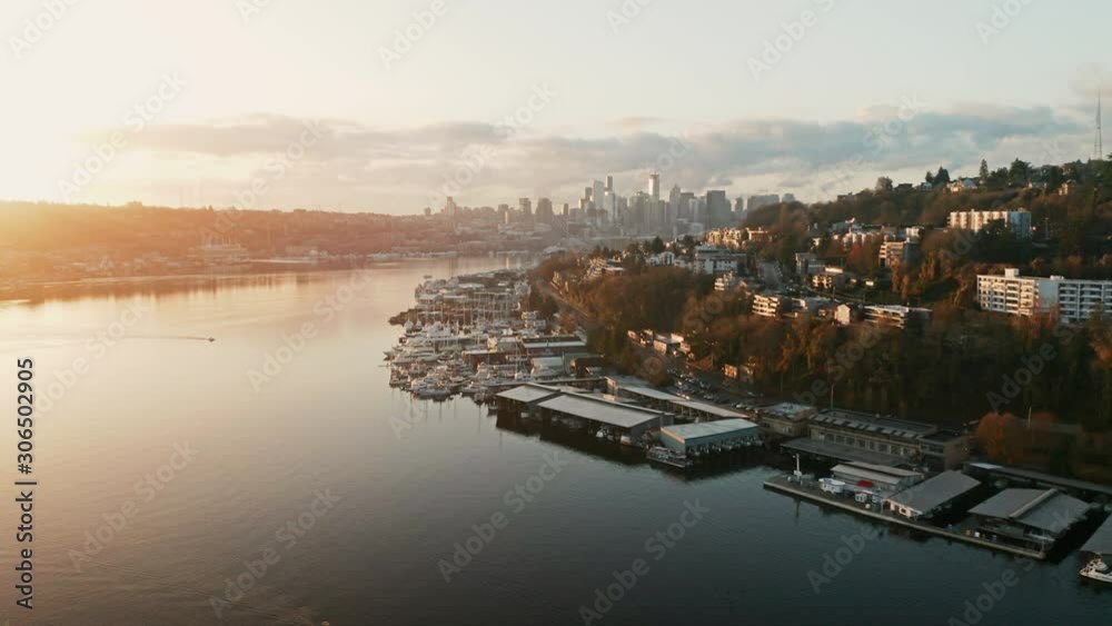 Drone Aerial Parallax on Lake Union with Seattle Skyline in background. During sunrise. Fremont, Seattle, WS Drone Aerial Parallax on Lake Union with Seattle Skyline in background. During sunrise. Fremont, Seattle, WS