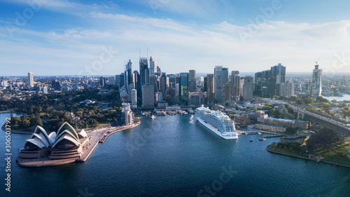 Aerial view of Sydney City Centre from Harbour Bridge during sunny day.Sydney sky scrapper and Opera House.