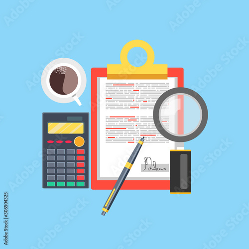 workplace vector illustration, flat cartoon paper sheets on working table with text, pen and pencil, top view desktop