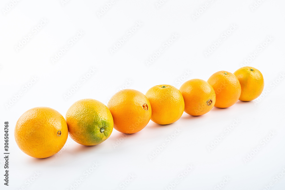 Row of fresh Gannan navel oranges on white background Row of fresh Gannan navel oranges on white background