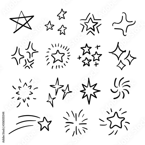 Stars flat line icons set hand drawn. Starry night  falling star  firework  twinkle  glow  glitter burst vector illustrations. Outline signs for glossy material property. Pixel perfect.