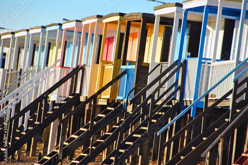 Beach Huts on the Beach at Thorpe Bay, Southend-on-Sea, Essex, England, UK