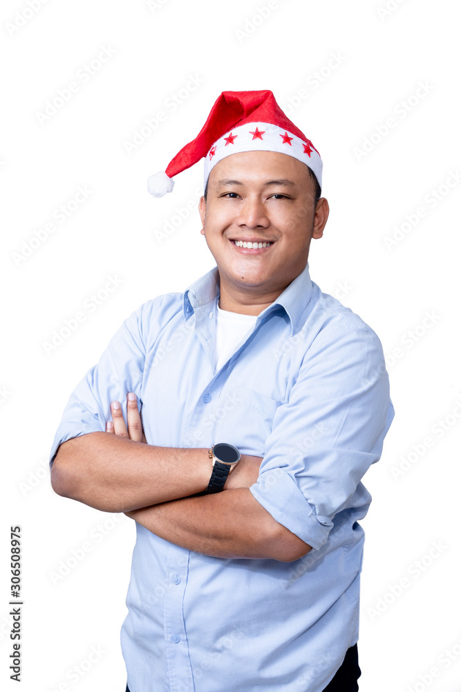 portrait of casual asian man wear red santa hat portrait of casual asian man wear red santa hat