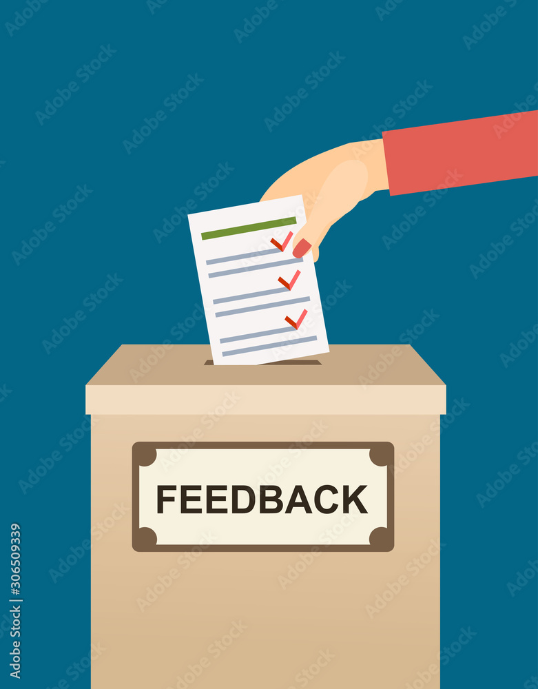 Woman hand putting feedback form paper in the feedback box. vote. feedback. rating concept. vector illustration in flat style Woman hand putting feedback form paper in the feedback box. vote. feedback. rating concept. vector illustration in flat style